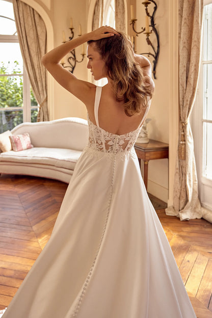 Back of Justin Alexander Matilda Mikado wedding dress with chapel train