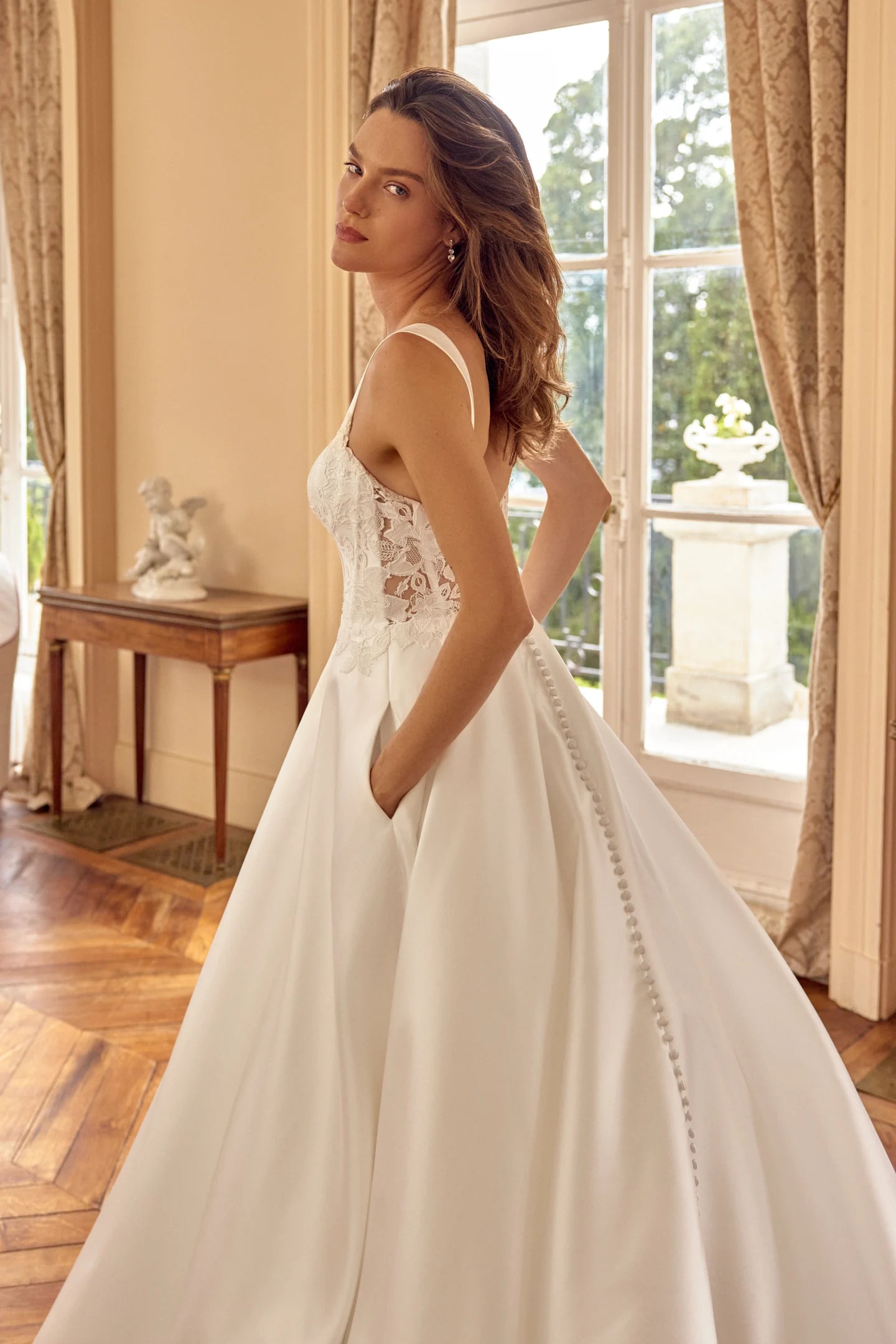 Justin Alexander Matilda A-line bridal gown with elegant chapel-length train