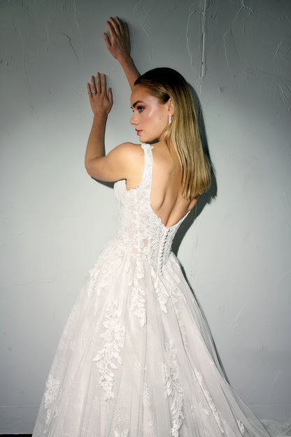 Justin Alexander Noor ball gown with sculpted basque waist and full lace skirt