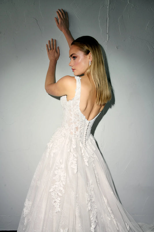 Justin Alexander Noor ball gown with sculpted basque waist and full lace skirt