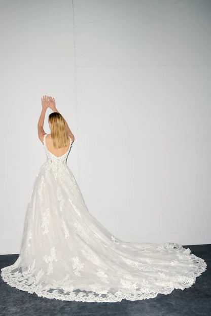 Back of Justin Alexander Signature Noor lace wedding dress with cathedral train