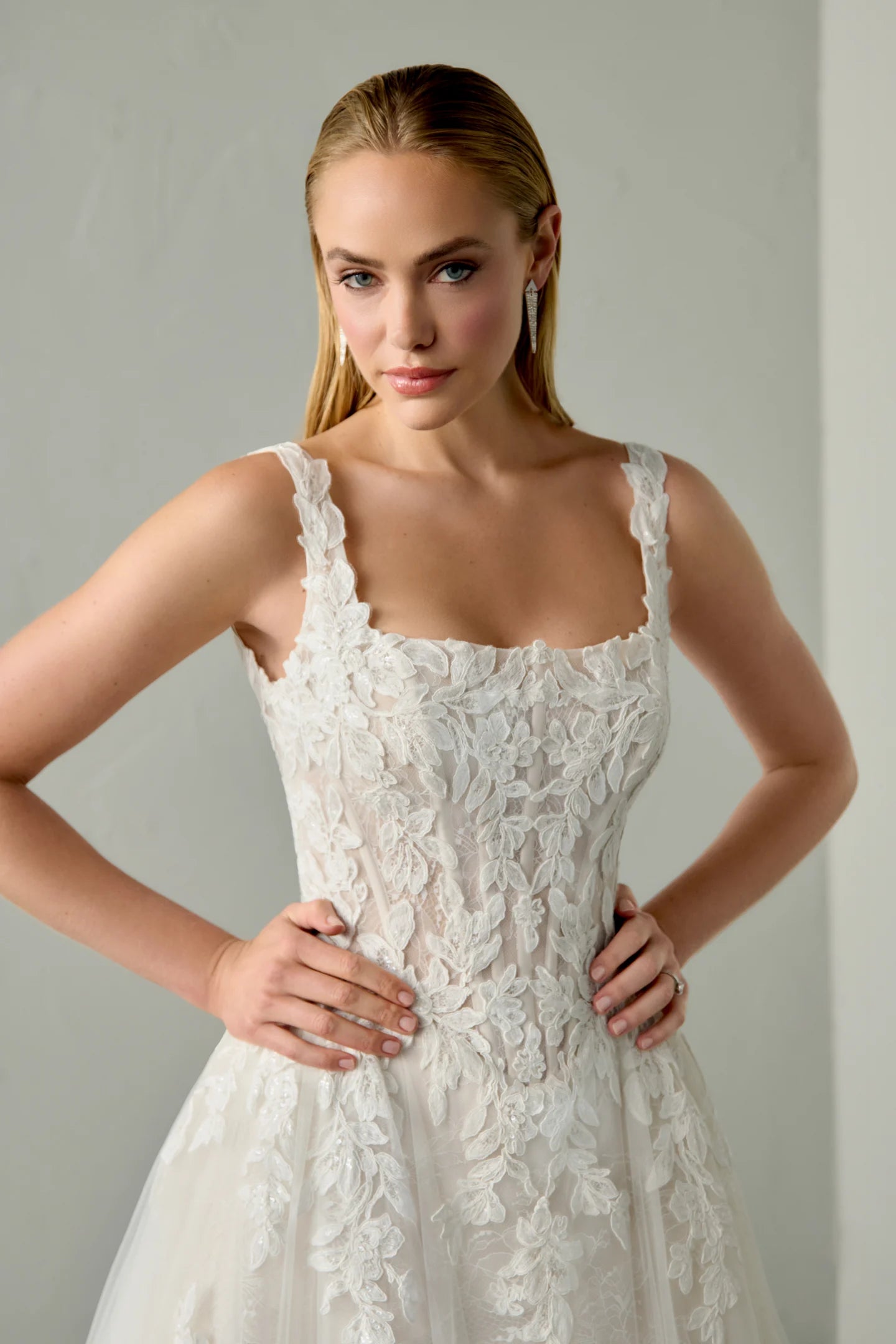 Sparkling lace corset bodice and square neckline on Justin Alexander Noor